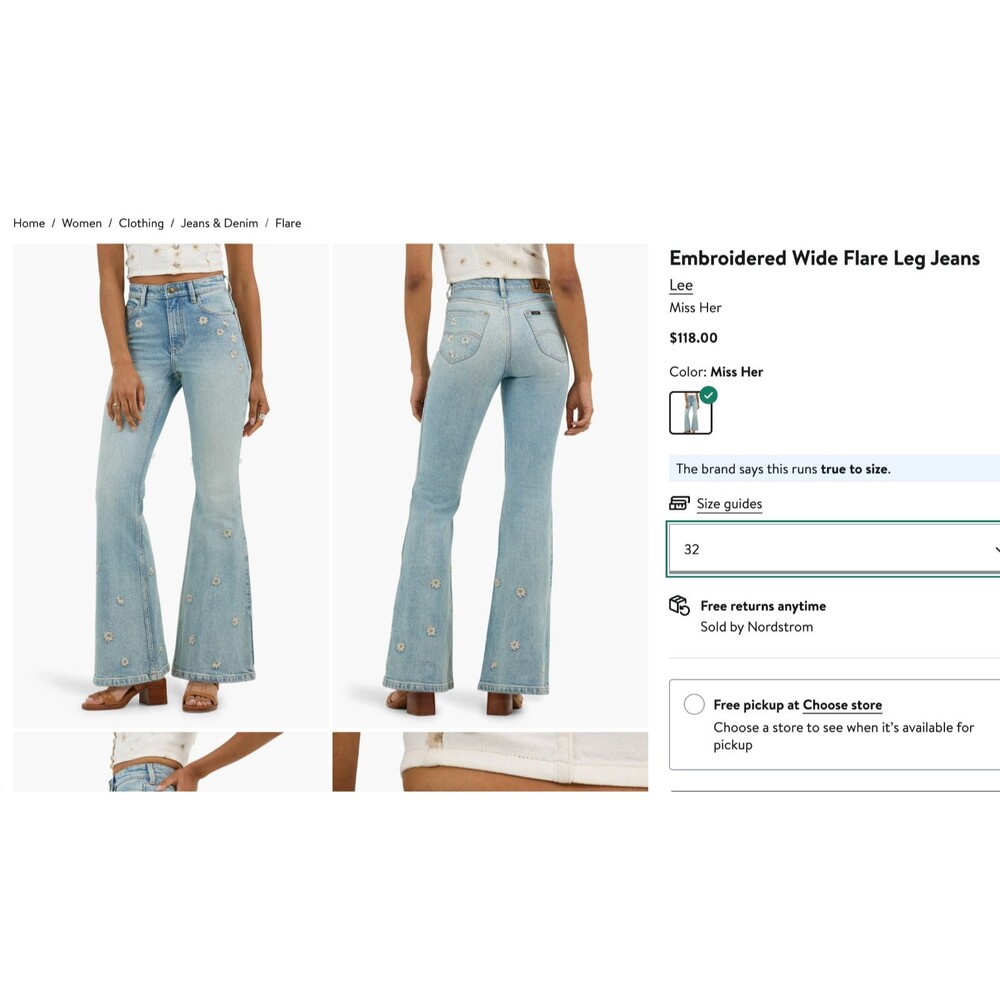 LEE Daisy 32M x 32L High Rise Flared Leg Light Wash Jeans boho 70s bell bottoms - Picture 7 of 12